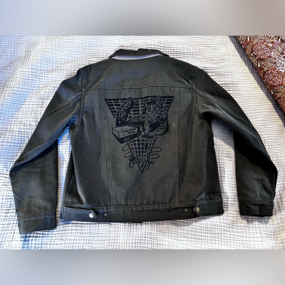 Green Canvas Jacket with Cat Print szM